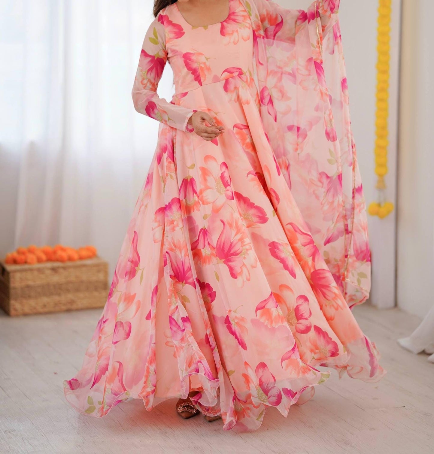 Women's Pure Georgette Floral Print Anarkali Kurta Set with Dupatta