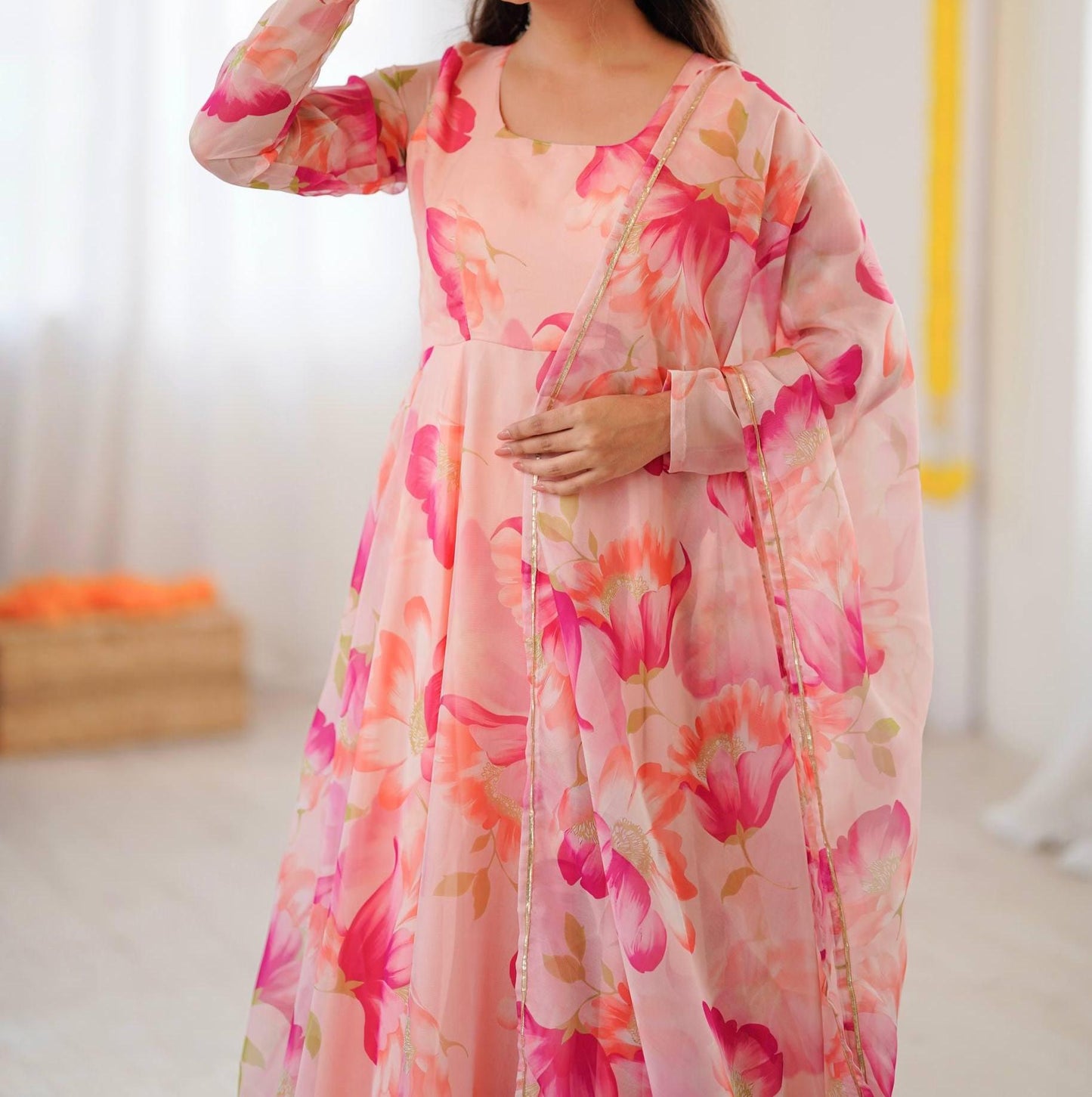 Women's Pure Georgette Floral Print Anarkali Kurta Set with Dupatta