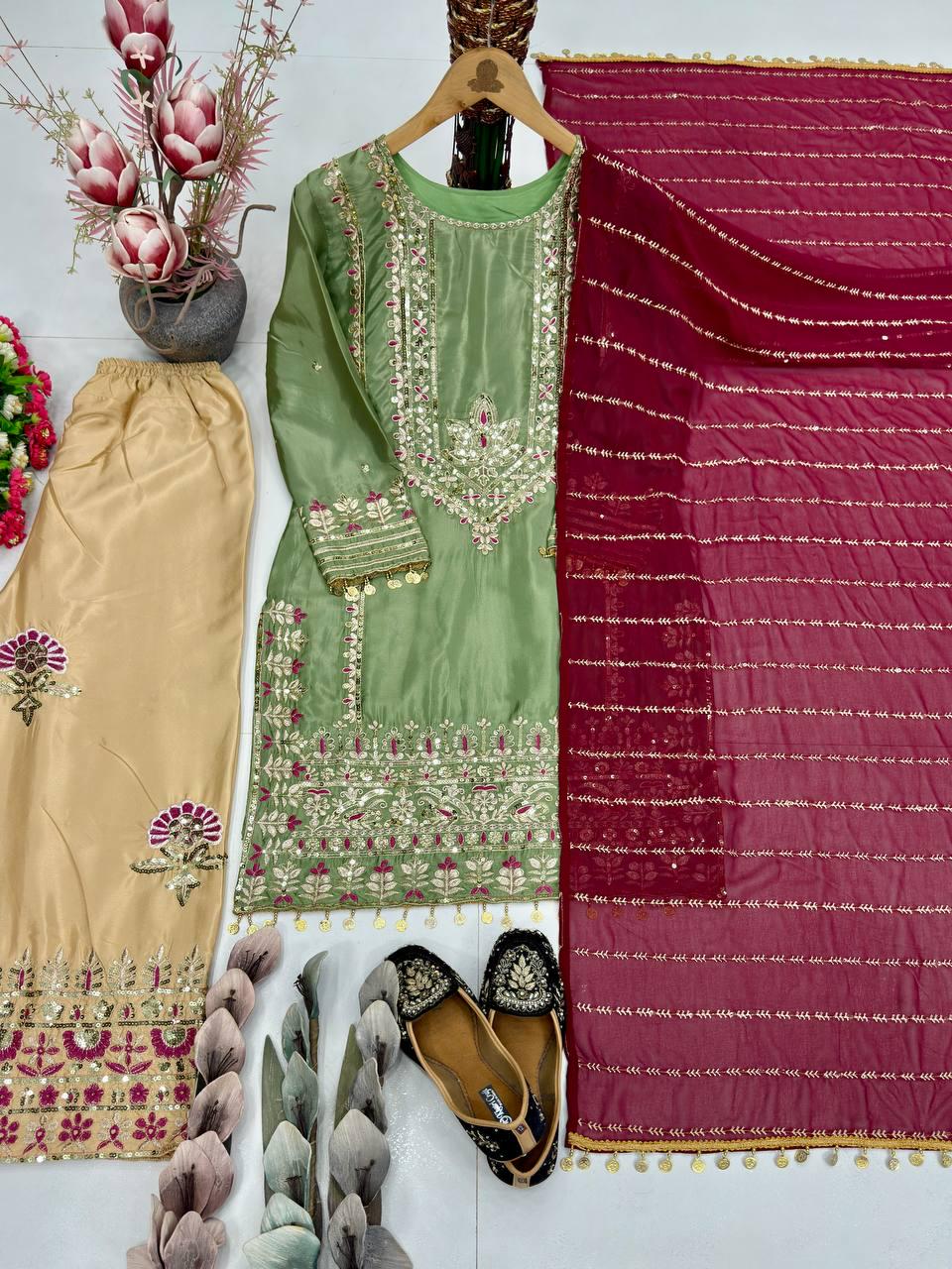 Sheesha Roman Silk Farshi Shalwar Indian Pakistani Suit with  Hand Embroidery , Jaipuri Style Suit