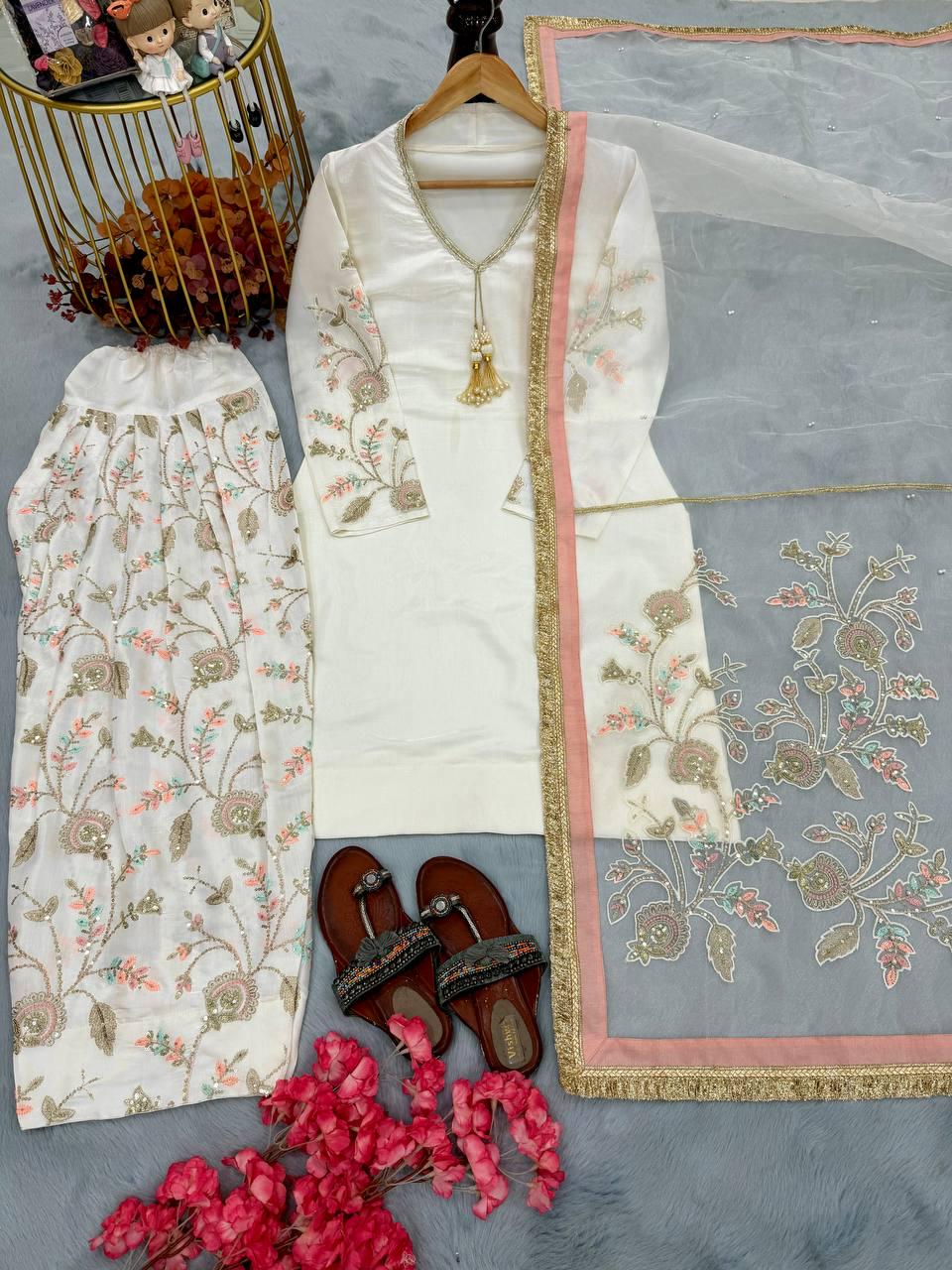 White & Gold Embroidered Eid Outfit | Traditional Shalwar Kameez Design , Dhoti Style Suit