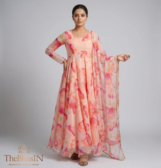 Women's Pure Georgette Floral Print Anarkali Kurta Set with Dupatta