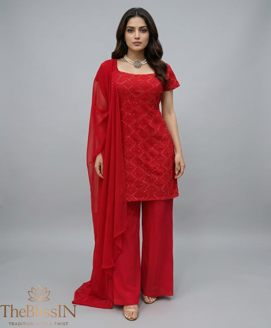 Trendy Red Embroidered Top & Boot-Cut Pant Dupatta Set - Festive wear , Shalwar kameez