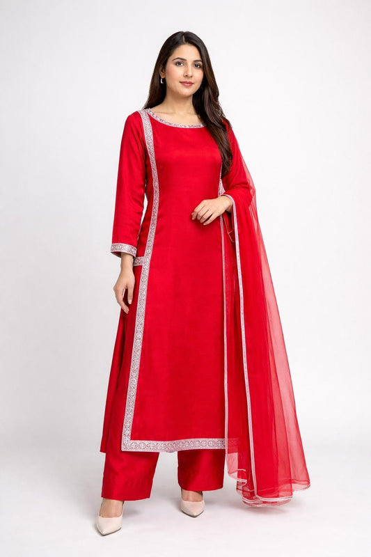 Designer Kurta & Palazzo Red silk, Punjabi suit set, Salwar Kameez, Pakistani Long Nikah Outfit