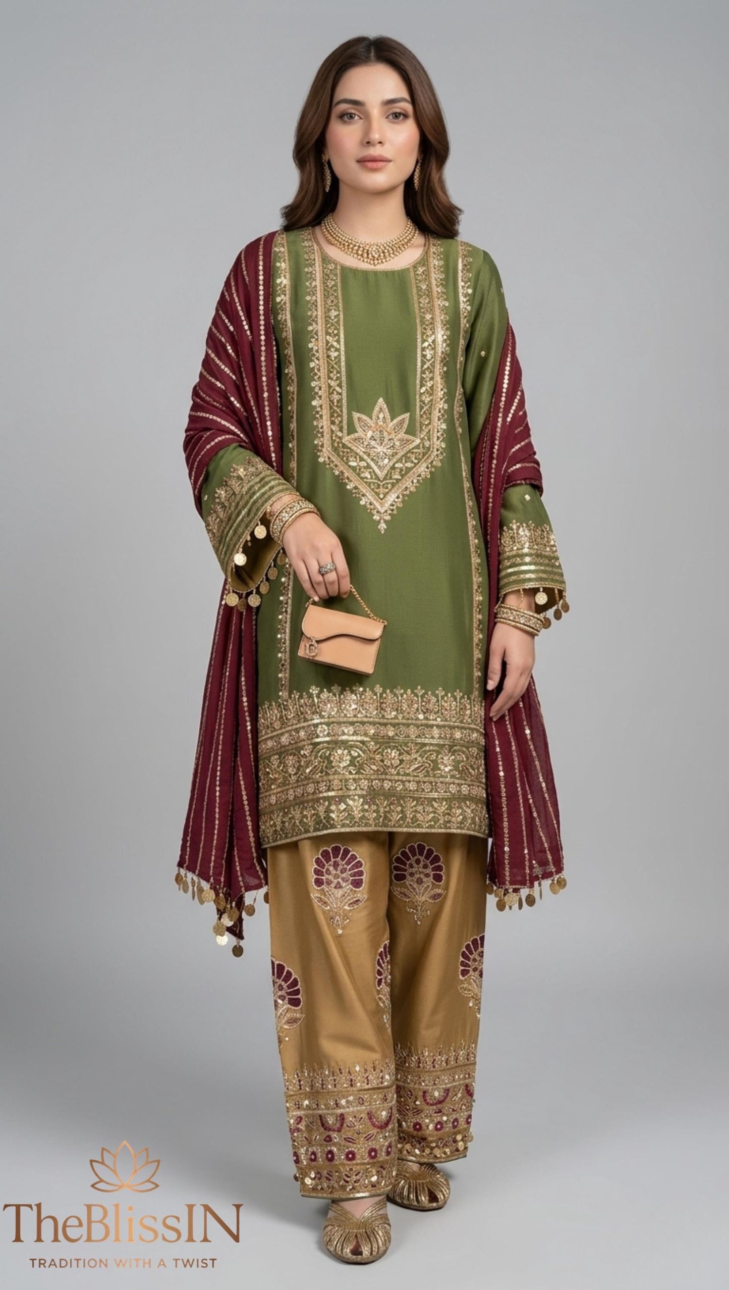 Sheesha Roman Silk Farshi Shalwar Indian Pakistani Suit with  Hand Embroidery , Jaipuri Style Suit