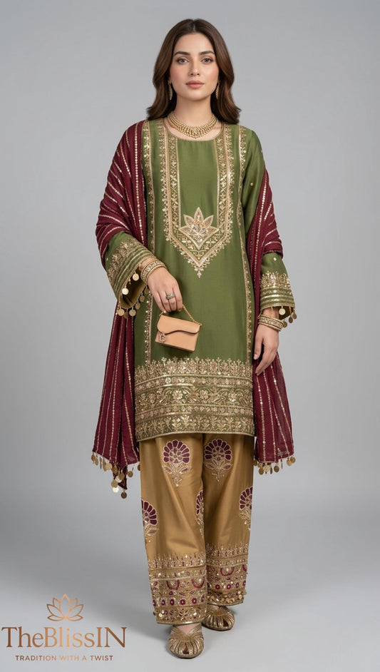 Sheesha Roman Silk Farshi Shalwar Indian Pakistani Suit with  Hand Embroidery , Jaipuri Style Suit