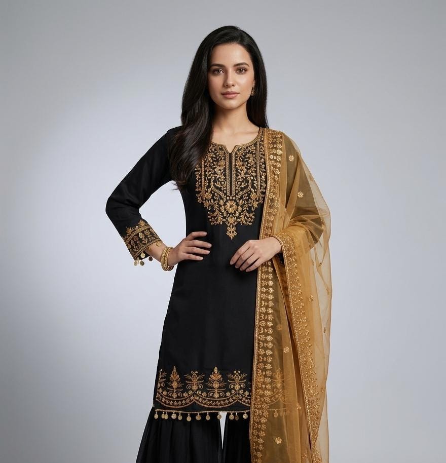 Black Silk Kurta Sharara Set with Embroidered Dupatta – Sequins Zari Work