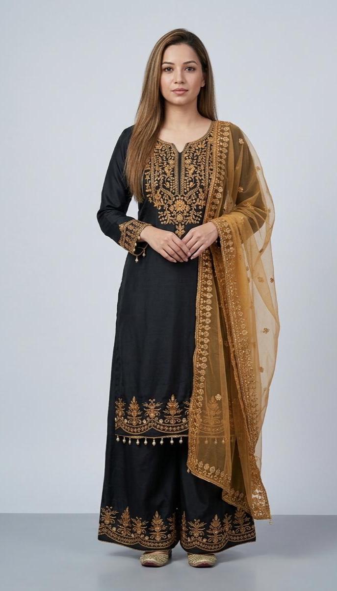 Black Silk Kurta Sharara Set with Embroidered Dupatta – Sequins Zari Work