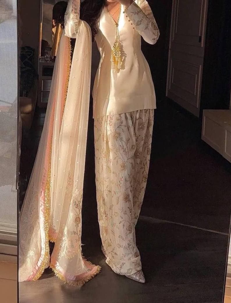 White & Gold Embroidered Eid Outfit | Traditional Shalwar Kameez Design , Dhoti Style Suit