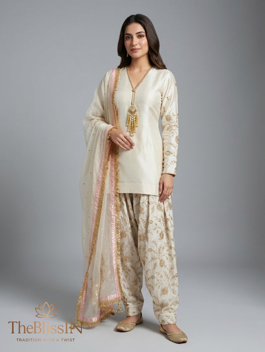 White & Gold Embroidered Eid Outfit | Traditional Shalwar Kameez Design , Dhoti Style Suit
