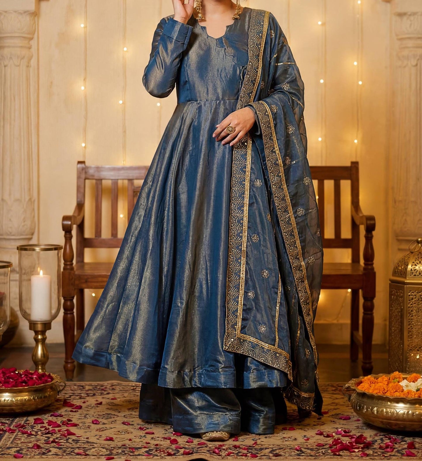 Blue Silk Blend Anarkali Gown with Embroidered Dupatta | Festive Party Wear Ethnic Suit