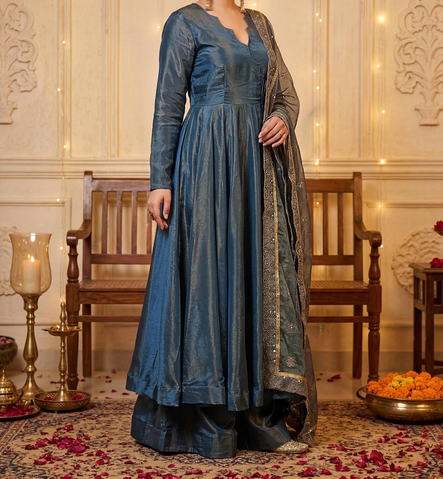 Blue Silk Blend Anarkali Gown with Embroidered Dupatta | Festive Party Wear Ethnic Suit
