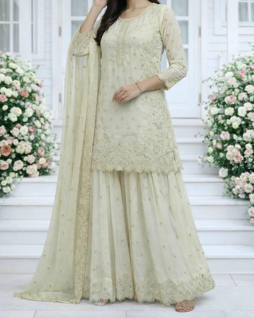 Women's Heavy Faux Georgette Embroidered Top-Palazzo Set with Dupatta