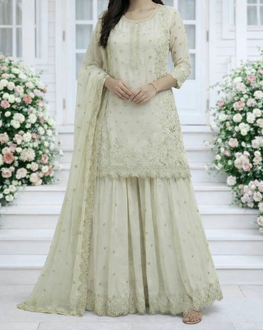 Women's Heavy Faux Georgette Embroidered Top-Palazzo Set with Dupatta