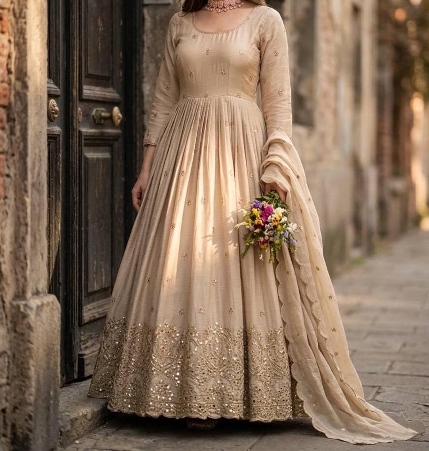 Beige Handcrafted Resham Work Anarkali Gown for Women