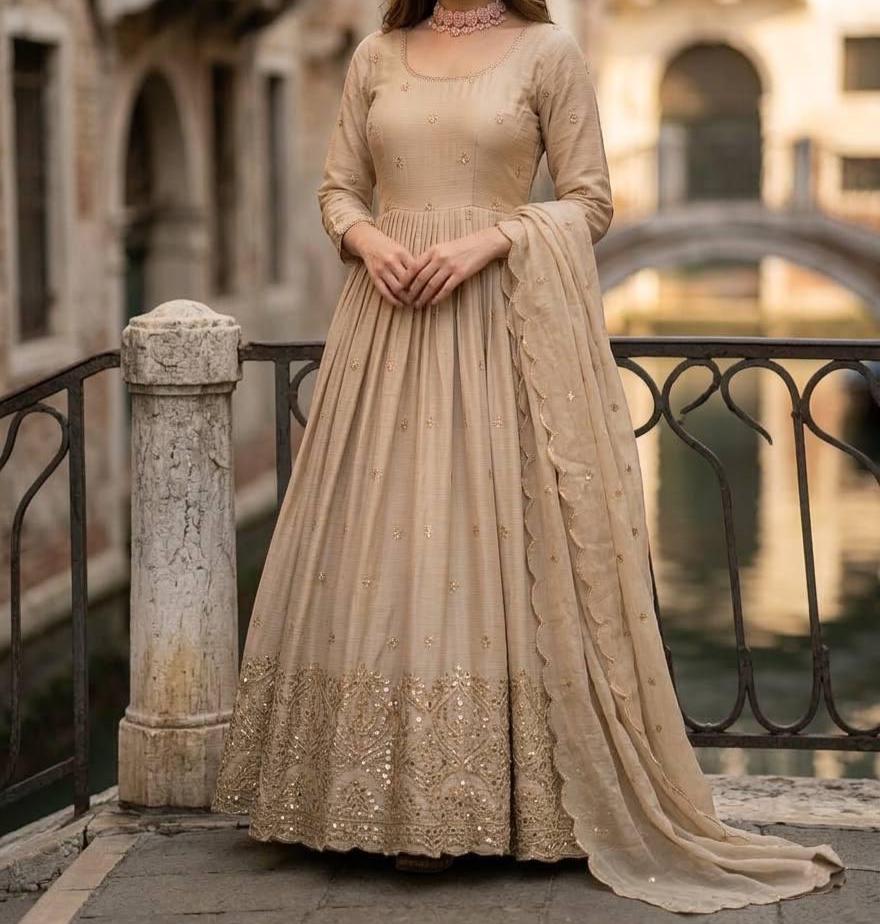 Beige Handcrafted Resham Work Anarkali Gown for Women