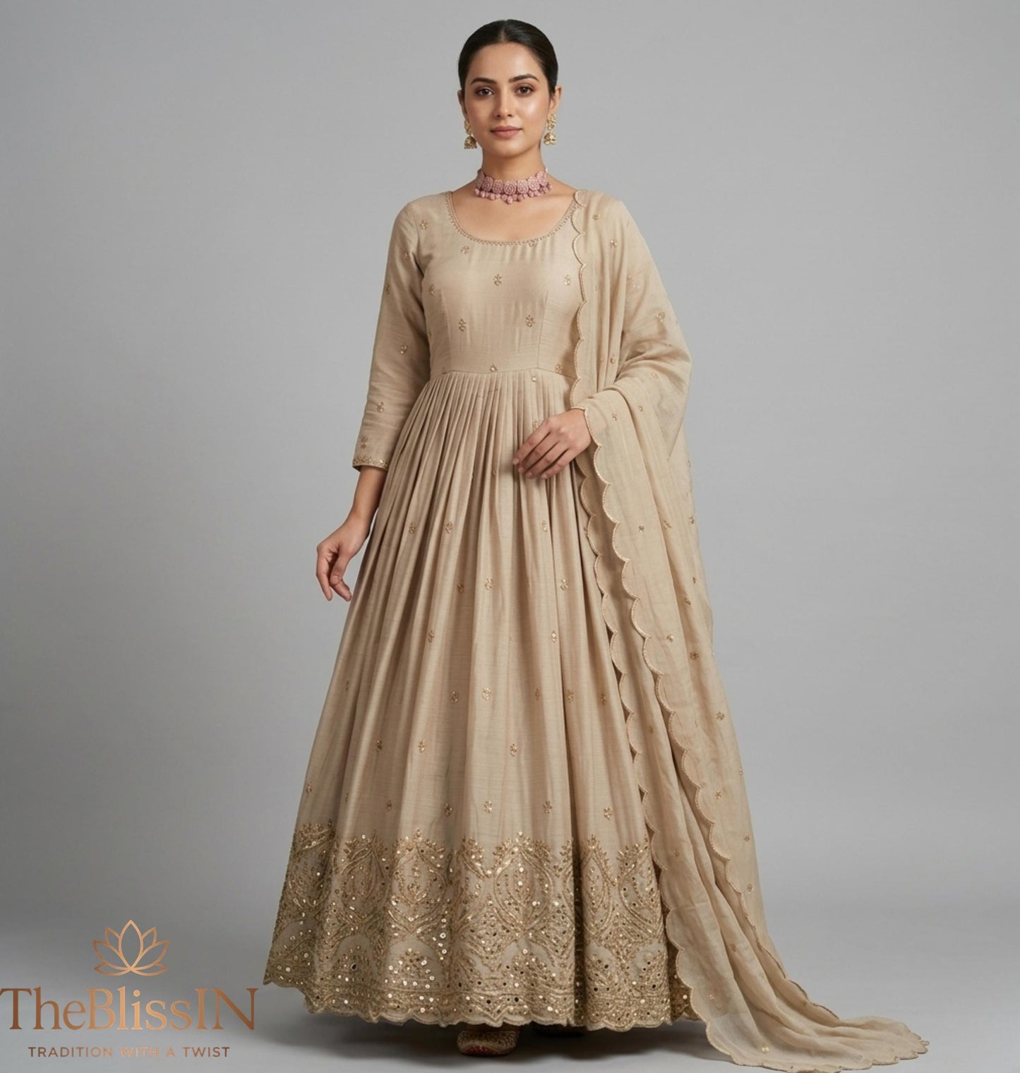 Beige Handcrafted Resham Work Anarkali Gown for Women
