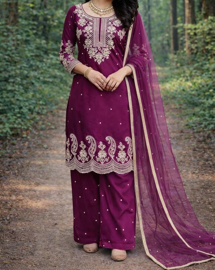 Embroidered Purple Faux Georgette Pakistani Palazzo Suit | Wedding Wear