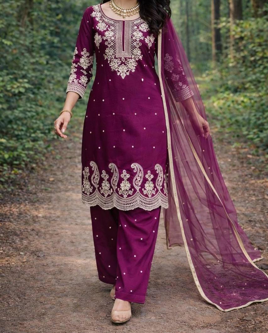 Embroidered Purple Faux Georgette Pakistani Palazzo Suit | Wedding Wear