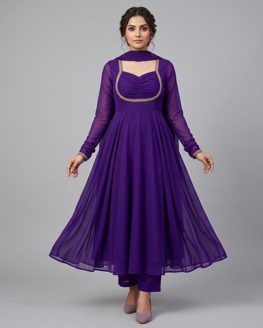 Purple Georgette Anarkali Suit Set with Dupatta | Elegant Indian Ethnic Wear Gown