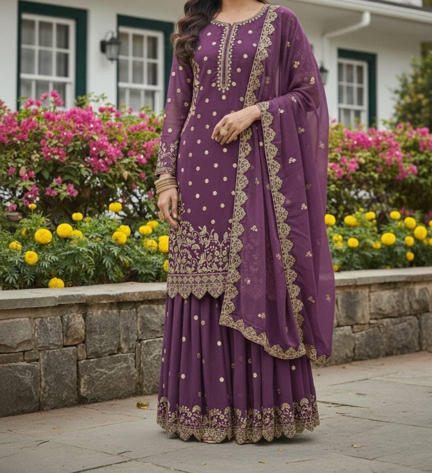 Purple Georgette Zari Sequins Sharara Suit Festive Wear
