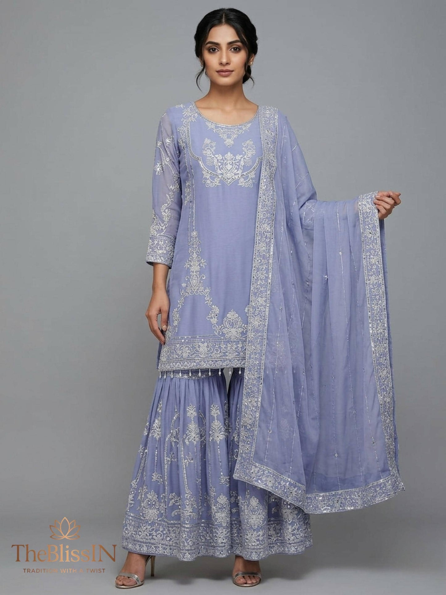 3-Piece Fancy Kurti with Sharara and Dupatta
