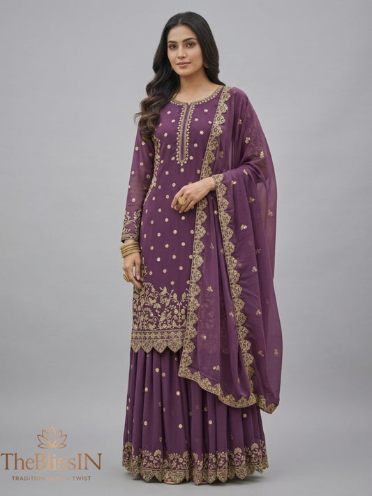 Purple Georgette Zari Sequins Sharara Suit Festive Wear