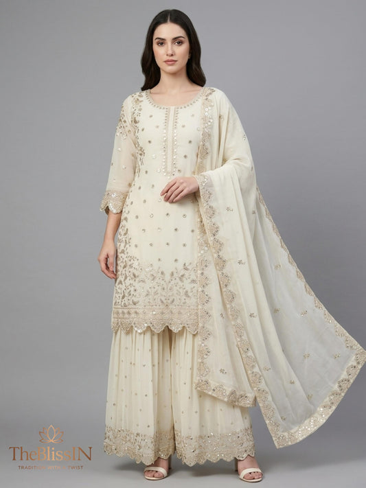 Women's Heavy Faux Georgette Embroidered Top-Palazzo Set with Dupatta