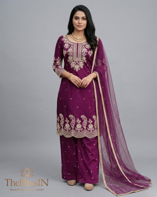 Embroidered Purple Faux Georgette Pakistani Palazzo Suit | Wedding Wear