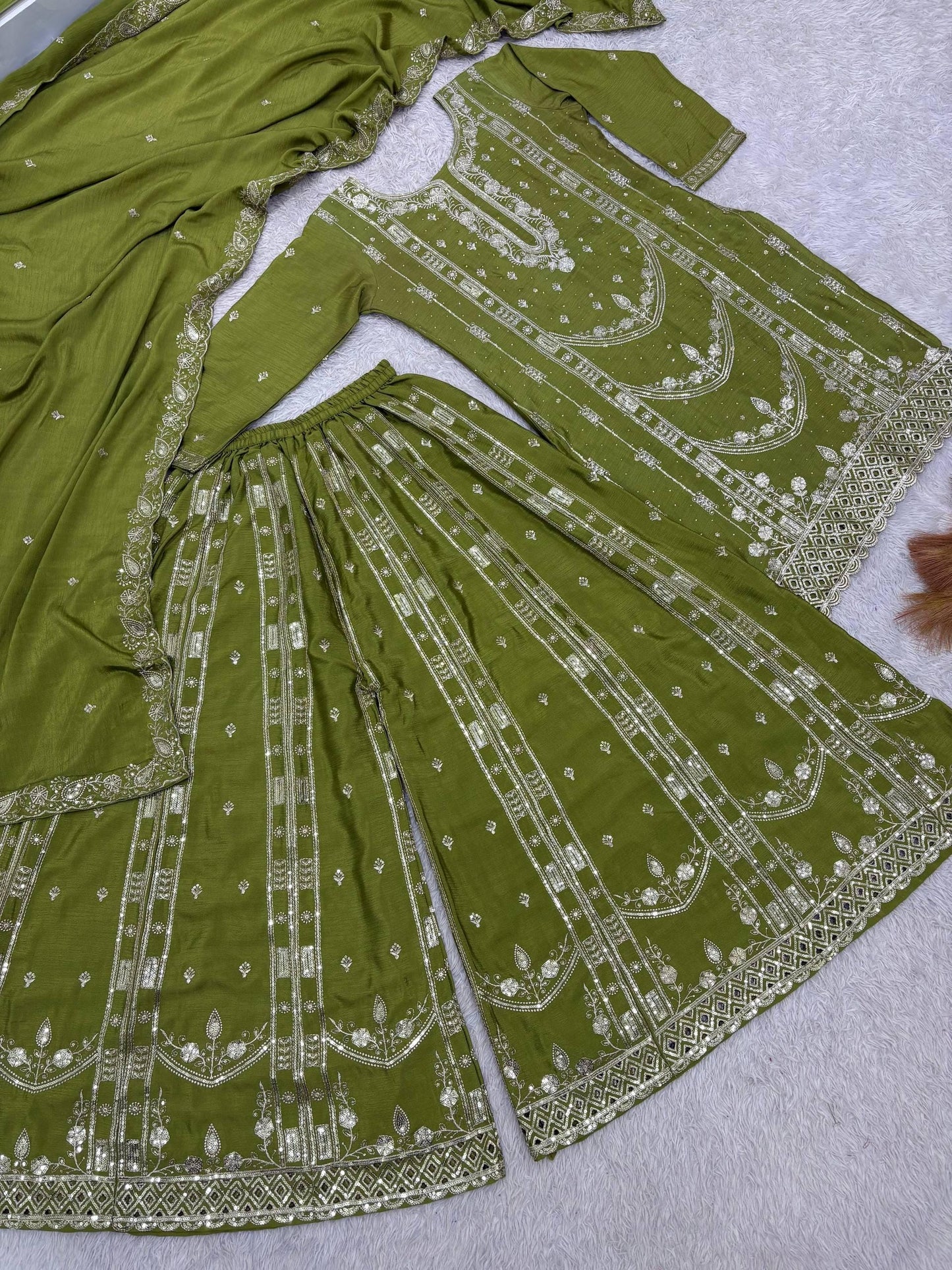Elegant Parrot Green Kurta Palazzo Set with Sequin Embroidery