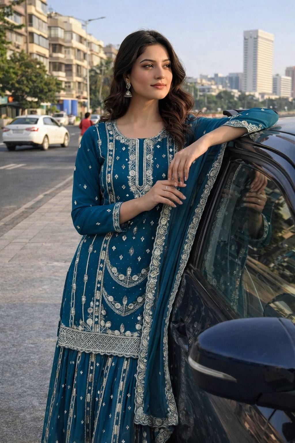 Blue Pakistani Palazzo Suit | Heavy Embroidery & Mirror Work - Women's Ethnic Clothing