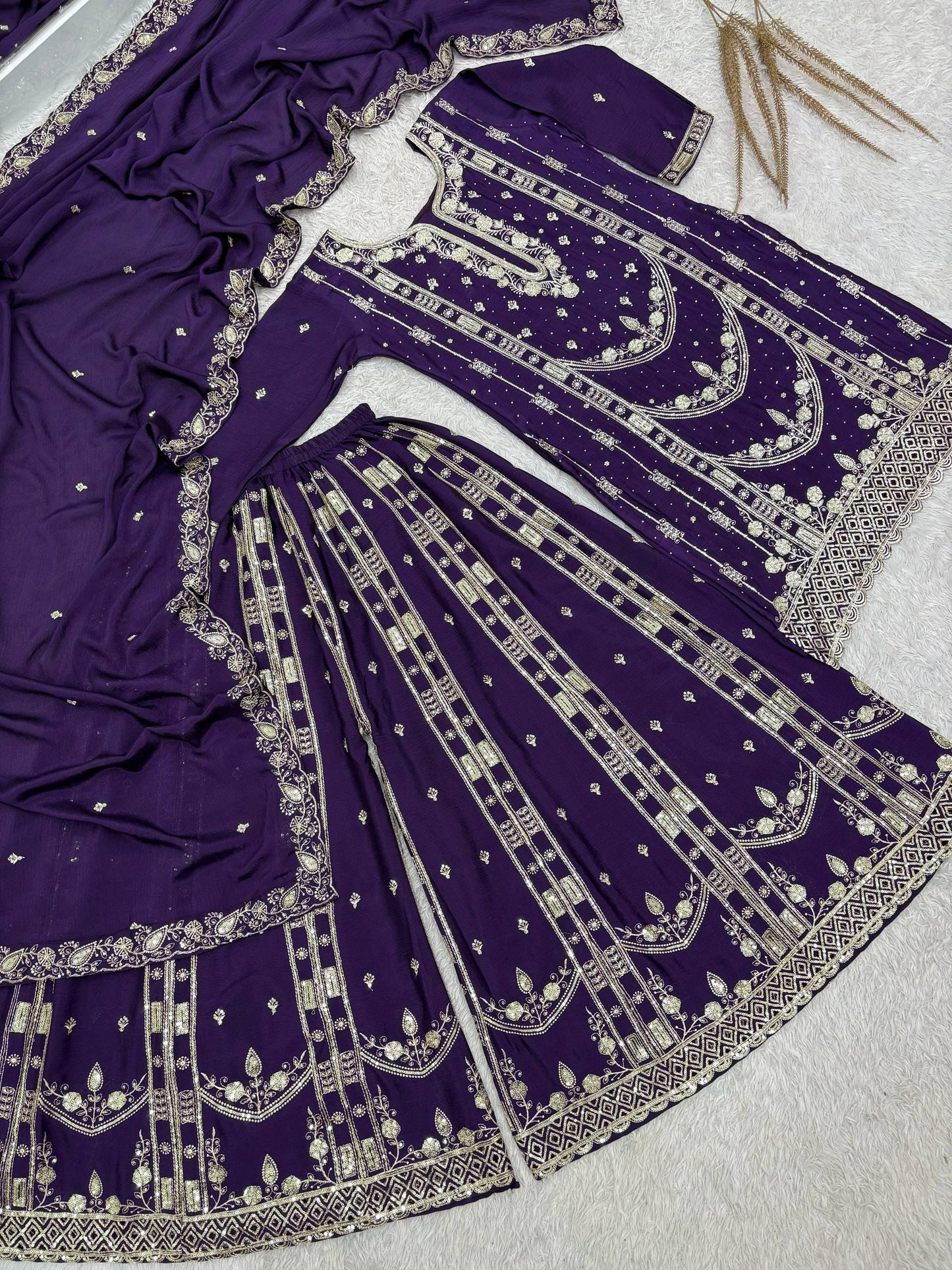 Purple Embroidered Palazzo Suit with Dupatta | Indian Ethnic Wear