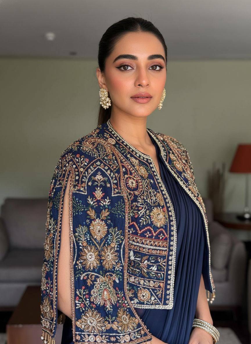 Navy Blue Draped Saree Gown with Embroidered Jacket | Shop Now