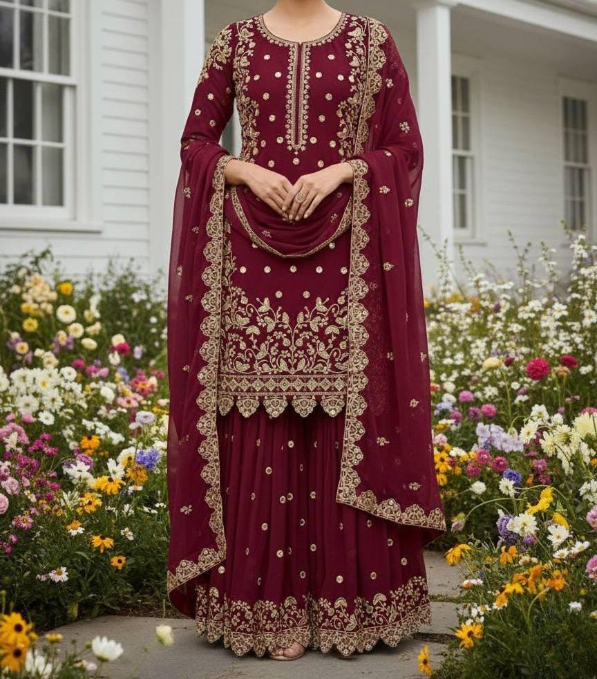 Embroidered Georgette Kurta Palazzo Set with Dupatta | Wedding & Haldi Wear