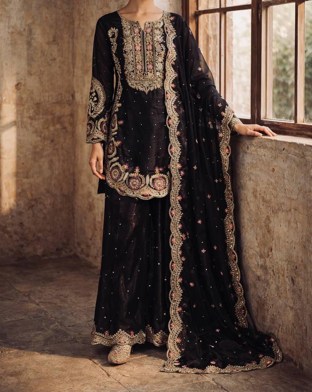 Black Velvet Embroidered Short Kurta & Palazzo Suit , Shalwar Kameez , Punjabi Wedding Suit