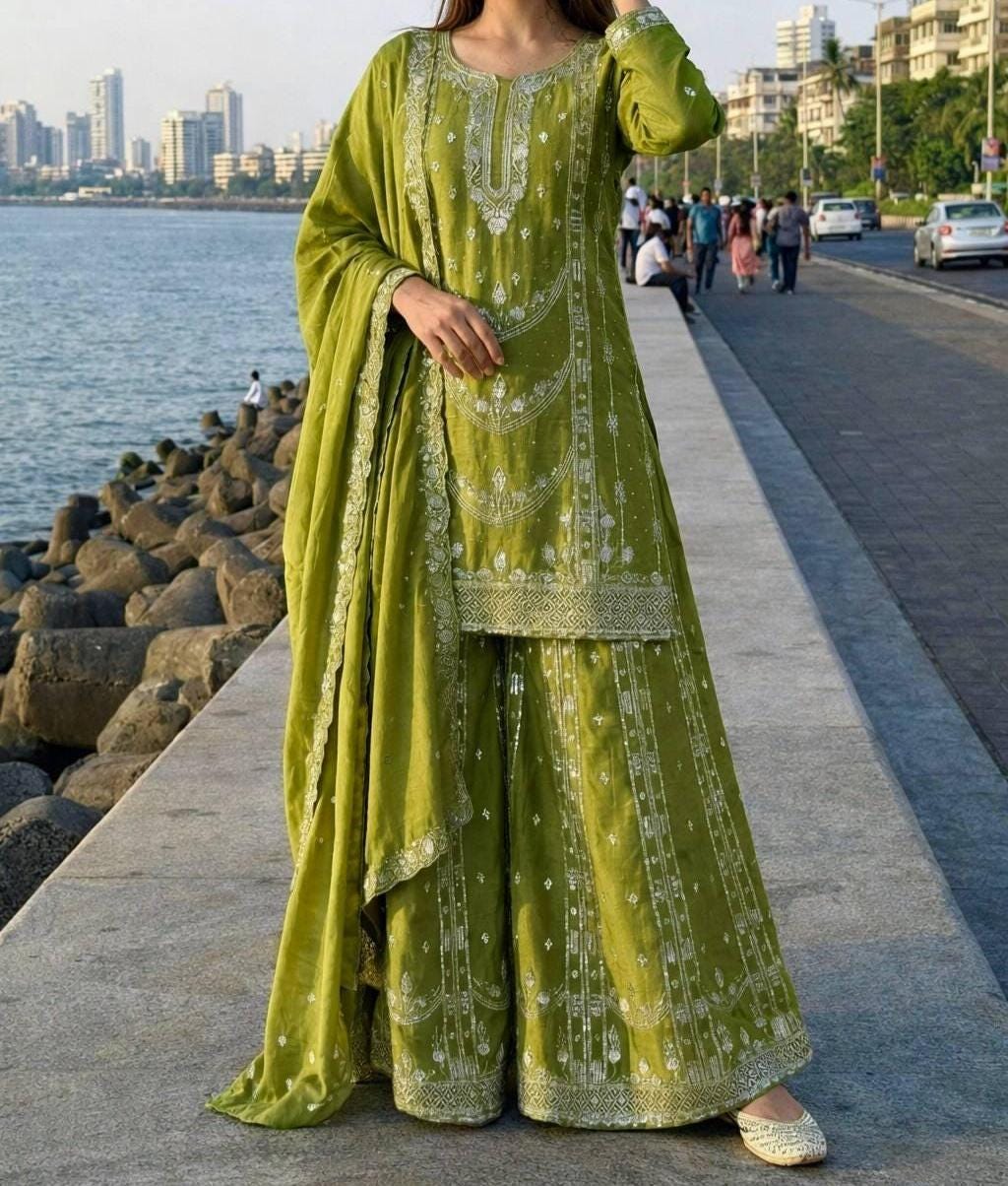 Elegant Parrot Green Kurta Palazzo Set with Sequin Embroidery