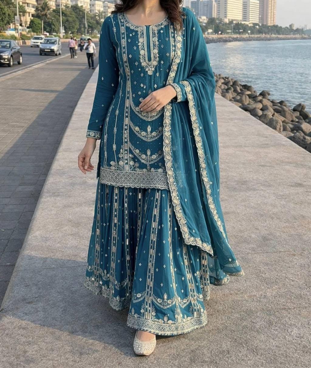 Blue Pakistani Palazzo Suit | Heavy Embroidery & Mirror Work - Women's Ethnic Clothing