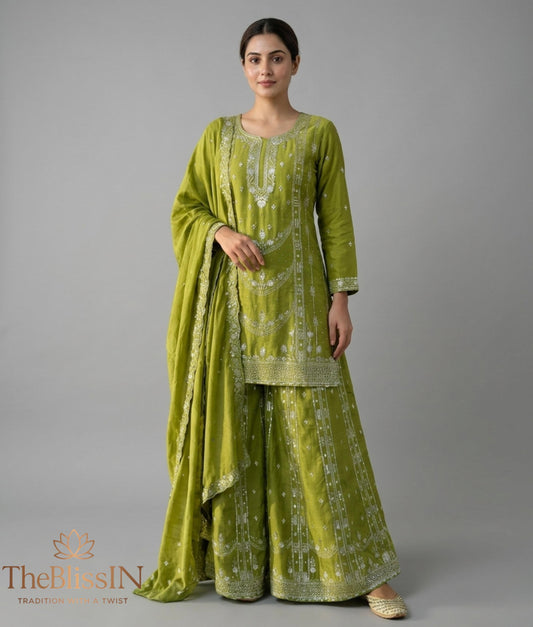 Elegant Parrot Green Kurta Palazzo Set with Sequin Embroidery