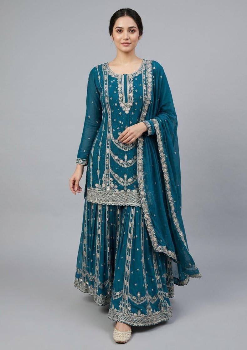 Blue Pakistani Palazzo Suit | Heavy Embroidery & Mirror Work - Women's Ethnic Clothing