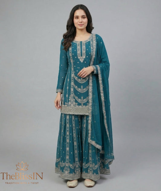 Blue Pakistani Palazzo Suit | Heavy Embroidery & Mirror Work - Women's Ethnic Clothing