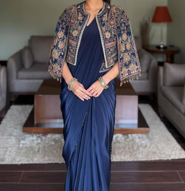 Navy Blue Draped Saree Gown with Embroidered Jacket | Shop Now