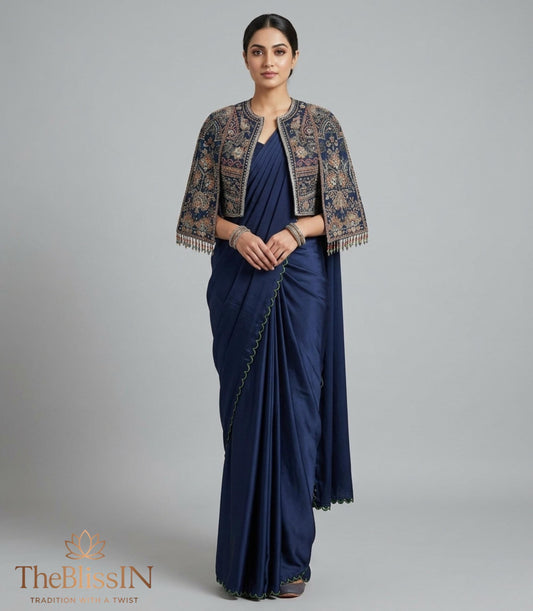 Navy Blue Draped Saree Gown with Embroidered Jacket | Shop Now