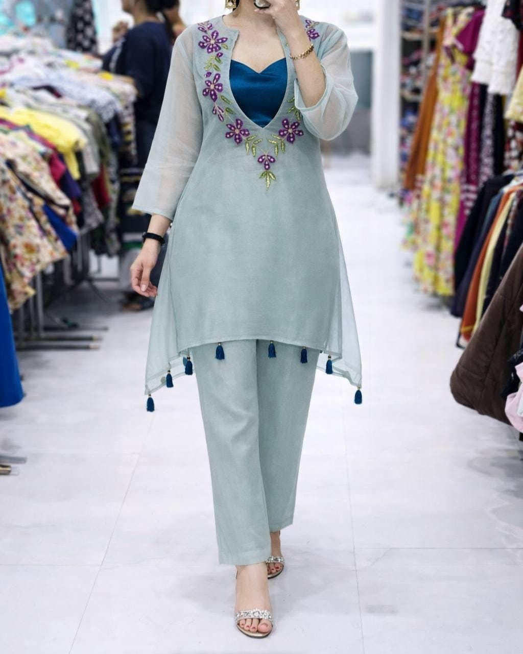 Women's Light Blue Embroidered Kurta Set with Trousers | Stylish Ethnic Wear , Formal Wear
