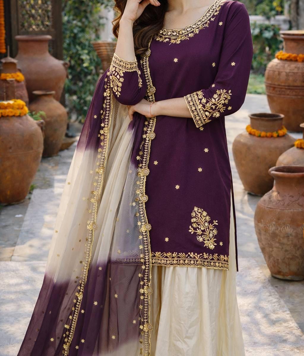Purple Embroidered Kurti with White Designer Palazzo & Dupatta Set