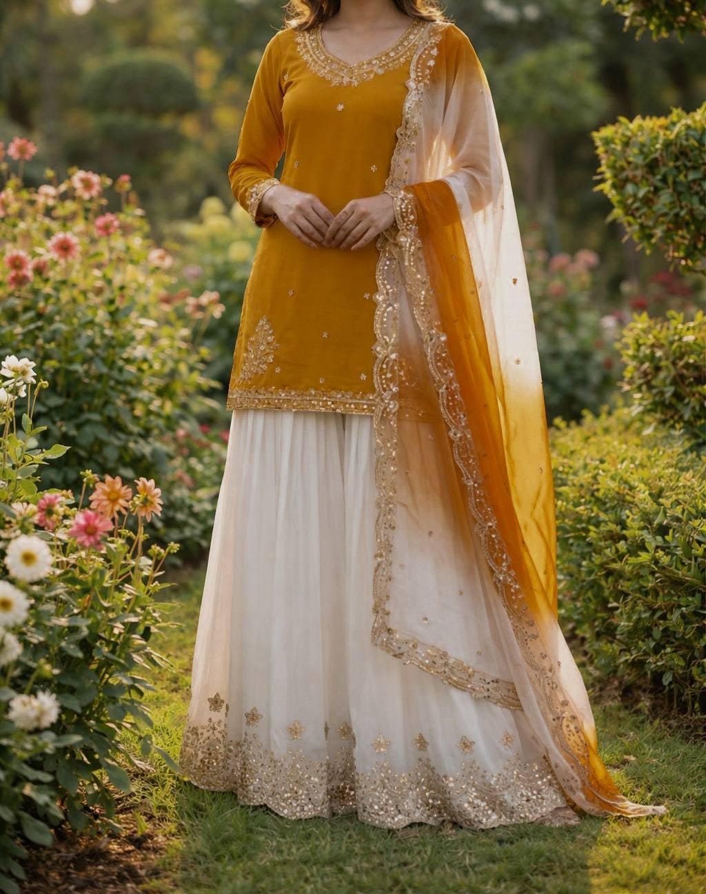 Yellow Embroidered Kurti with White Designer Palazzo & Dupatta Set