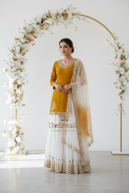 Yellow Embroidered Kurti with White Designer Palazzo & Dupatta Set