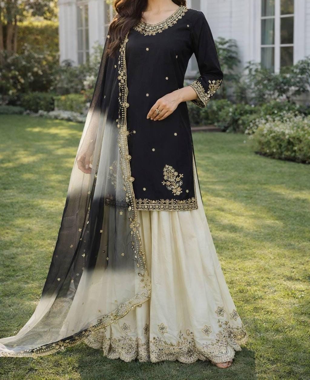 Black Embroidered Kurti with Cream Palazzo & Dupatta