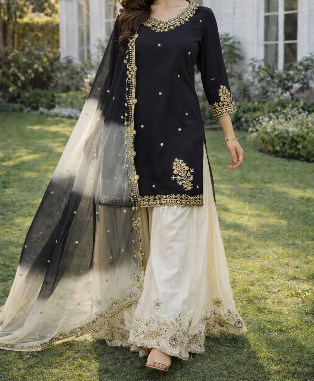 Black Embroidered Kurti with Cream Palazzo & Dupatta