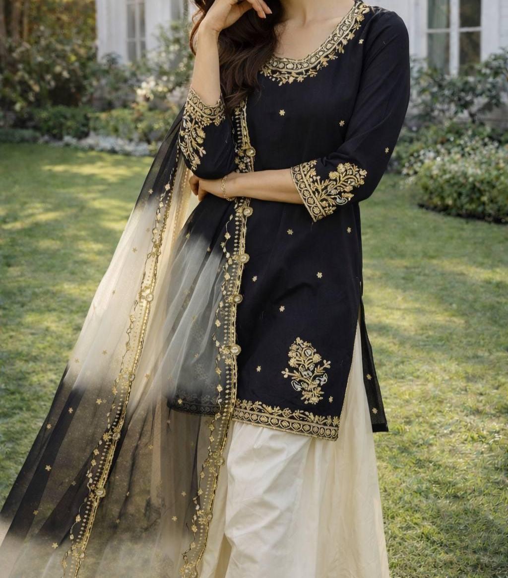 Black Embroidered Kurti with Cream Palazzo & Dupatta