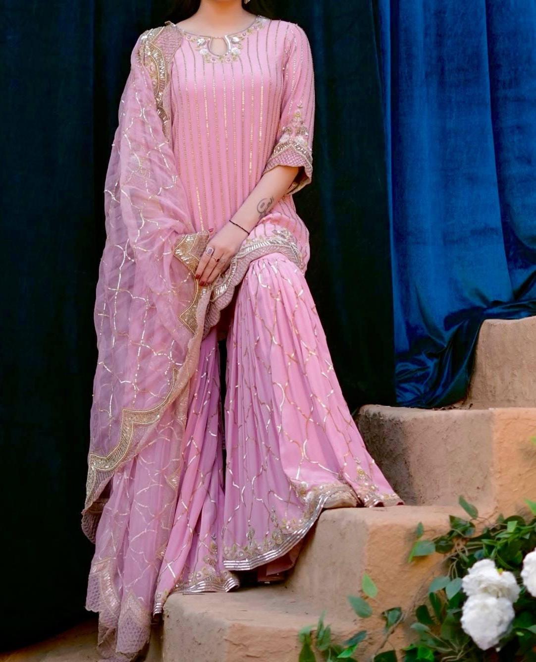 Pink Designer Kurti & Shrarara With Dupatta Set