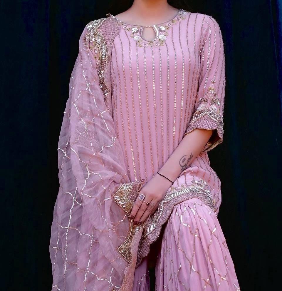 Pink Designer Kurti & Shrarara With Dupatta Set